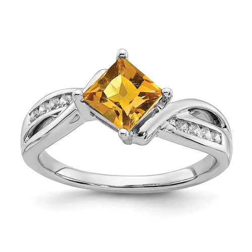 14k white gold square citrine and diamond ring with intricate design, crafted by Solomon Jewelers.