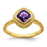14k gold cushion amethyst ring with a bezel-set purple gemstone, featuring a elegant jewelry design.