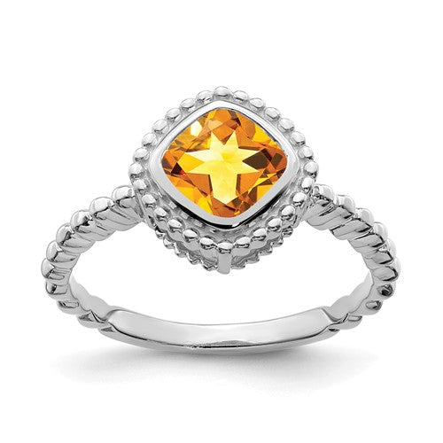 14k white gold cushion citrine ring with a sparkling yellow-orange gemstone, elegant jewelry piece from Solomon Jewelers