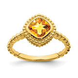 14k gold cushion citrine ring with a large yellow gemstone set in a gold band, elegant jewelry piece from Solomon Jewelers.