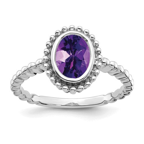 14k white gold oval amethyst ring featuring a large purple gemstone set in elegant jewelry design
