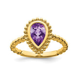 14k gold pear-shaped amethyst ring with intricate band design, crafted by Solomon Jewelers.