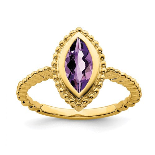 14k gold marquise amethyst ring featuring a vibrant purple gemstone set in a sleek Solomon Jewelers jewelry ring design.