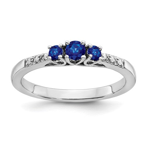 14k white gold sapphire and diamond 3-stone ring with sparkling gemstones, elegant jewelry piece from Solomon Jewelers.