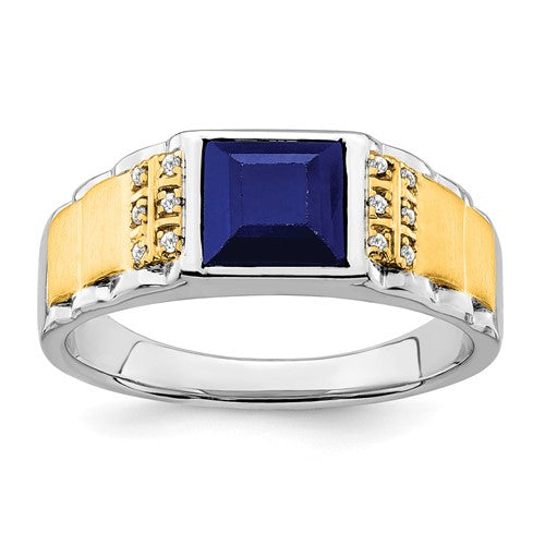14k two-tone created sapphire and diamond men's ring showcasing a sleek design with gemstone accents and a polished finish.