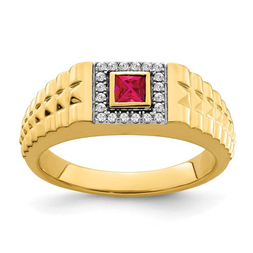 14k gold men's ring featuring a square ruby and diamond accents, crafted by Solomon Jewelers.