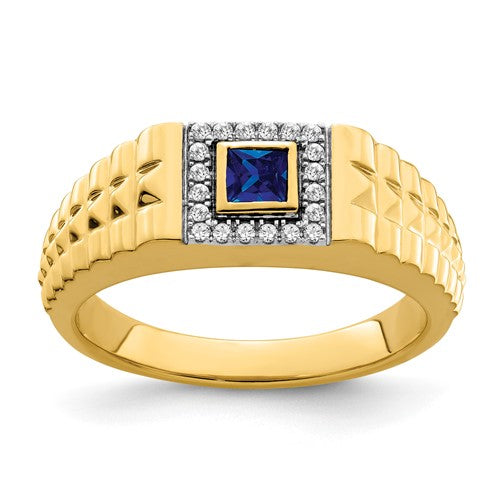 14k gold men's ring with square sapphire and diamond accents, elegant jewelry piece from Solomon Jewelers.