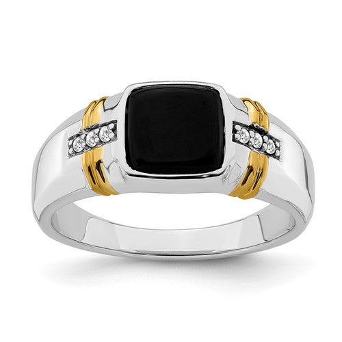 14k two-tone onyx and diamond men's ring featuring black onyx and sparkling diamonds in a stylish jewelry design.