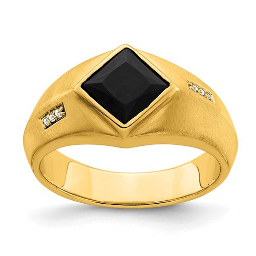 14k onyx and diamond satin men's ring showing polished band with black onyx and sparkling diamonds in a sleek jewelry design