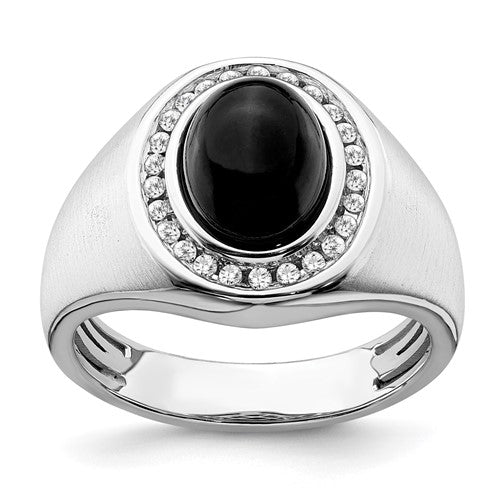 14k white gold men's ring with oval onyx and diamond accents, elegant jewelry piece from Solomon Jewelers