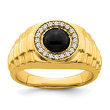 14k gold men's ring with black onyx and diamond accents, showcasing elegant jewelry craftsmanship.