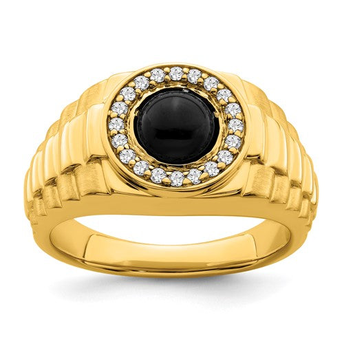 14k gold men's ring with black onyx and diamond accents, showcasing elegant jewelry craftsmanship.