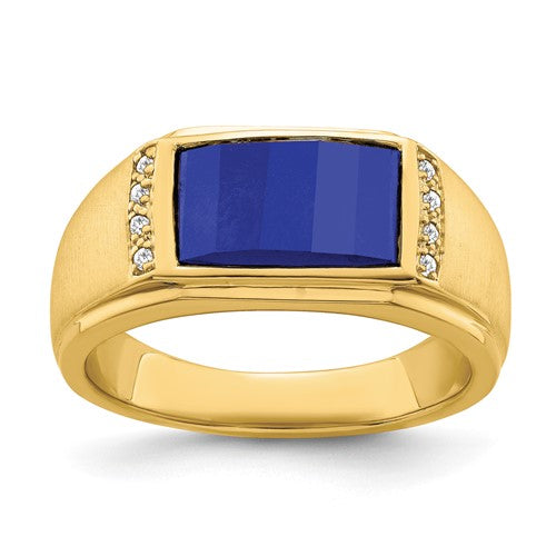 14k gold created sapphire and diamond men's ring featuring a central sapphire gemstone and surrounding diamonds.