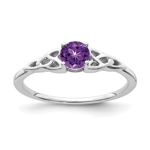 14K white gold amethyst Celtic knot ring featuring a purple gemstone and intricate design, crafted by Solomon Jewelers.