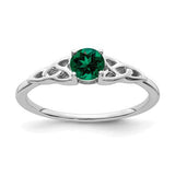 14K white gold Celtic knot ring with created emerald centerpiece, elegant jewelry design, by Solomon Jewelers.