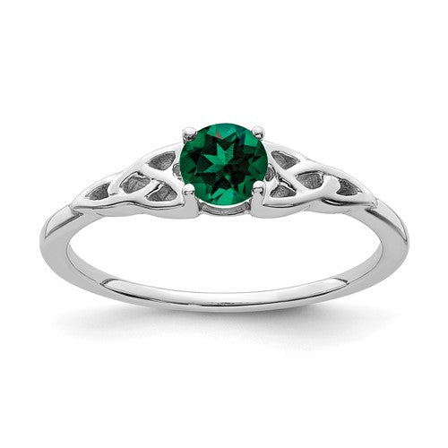 14K white gold Celtic knot ring with created emerald centerpiece, elegant jewelry design, by Solomon Jewelers.