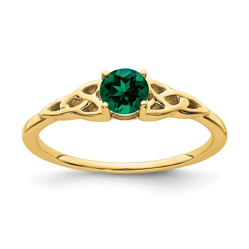 14K created emerald Celtic knot ring with intricate design, showcasing Solomon Jewelers jewelry craftsmanship.