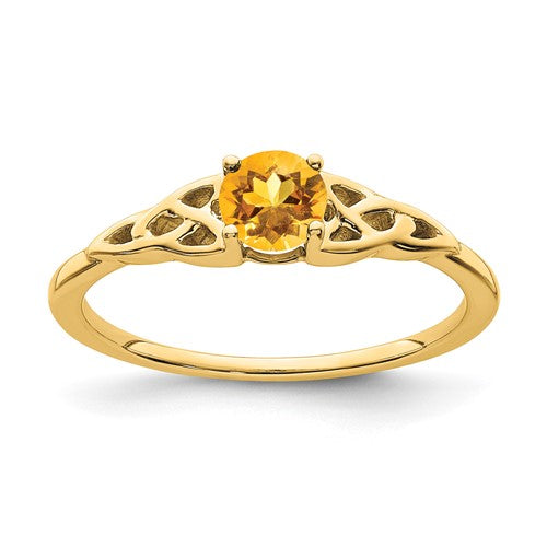 14K gold Citrine Celtic Knot ring featuring intricate design, jewelry ring with vibrant yellow gemstone and elegant craftsmanship.
