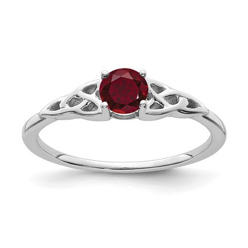 14K white gold created ruby Celtic knot ring with intricate design, showcasing Solomon Jewelers jewelry craftsmanship.