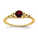 14K gold Garnet Celtic Knot ring featuring intricate design, crafted by Solomon Jewelers, showcasing vibrant red garnet gemstone.