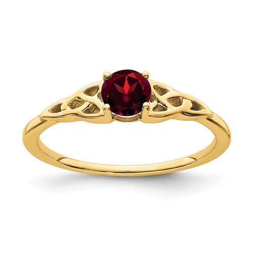 14K gold Garnet Celtic Knot ring featuring intricate design, crafted by Solomon Jewelers, showcasing vibrant red garnet gemstone.