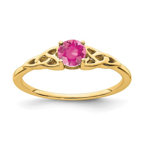 14K pink tourmaline Celtic knot ring featuring intricate design, crafted by Solomon Jewelers for elegant jewelry.