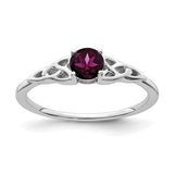14K white gold Celtic knot ring with a vivid rhodolite garnet gemstone, crafted by Solomon Jewelers.
