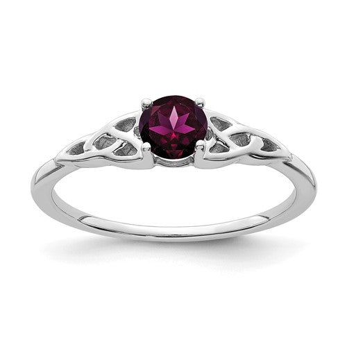 14K white gold Celtic knot ring with a vivid rhodolite garnet gemstone, crafted by Solomon Jewelers.