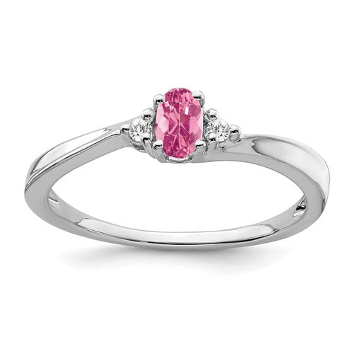 14k white gold pink tourmaline and diamond ring with intricate design, showcasing sparkling stones and elegant craftsmanship.