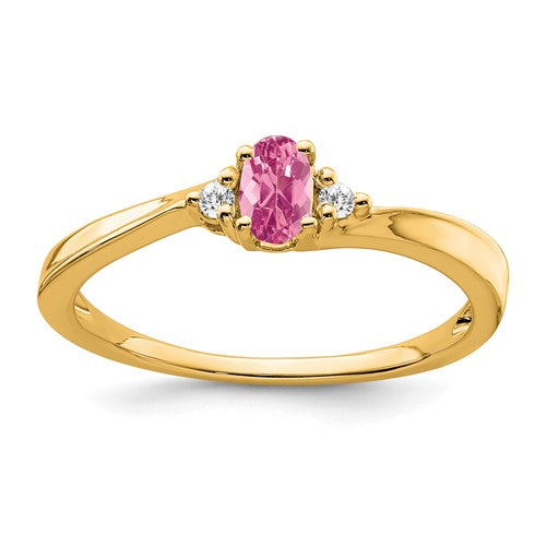 14K pink tourmaline and diamond ring featuring a vibrant pink gemstone set in a gold band, elegant jewelry ring from Solomon Jewelers