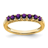 14k gold amethyst and diamond 7-stone ring featuring a vibrant purple amethyst centerpiece with sparkling diamonds.