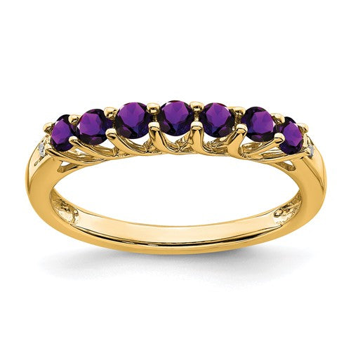 14k gold amethyst and diamond 7-stone ring featuring a vibrant purple amethyst centerpiece with sparkling diamonds.