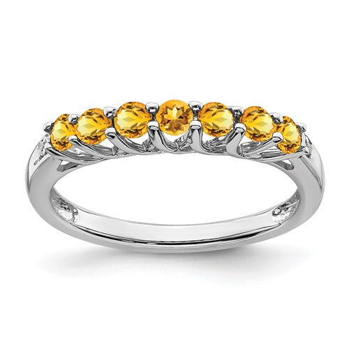 14k white gold citrine and diamond 7-stone ring with a detailed band, elegant jewelry piece by Solomon Jewelers.