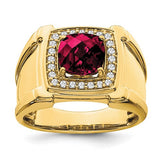 14k gold created checkerboard ruby and diamond men's ring featuring intricate design and sparkling gemstones.