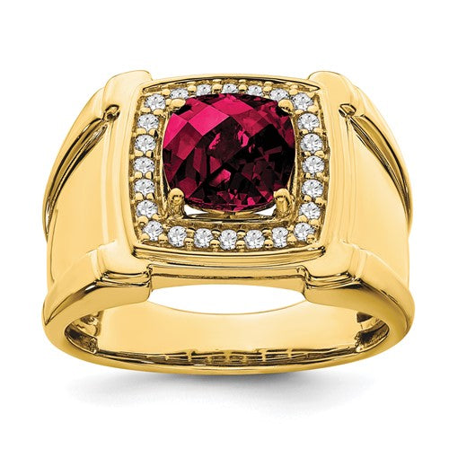 14k gold created checkerboard ruby and diamond men's ring featuring intricate design and sparkling gemstones.