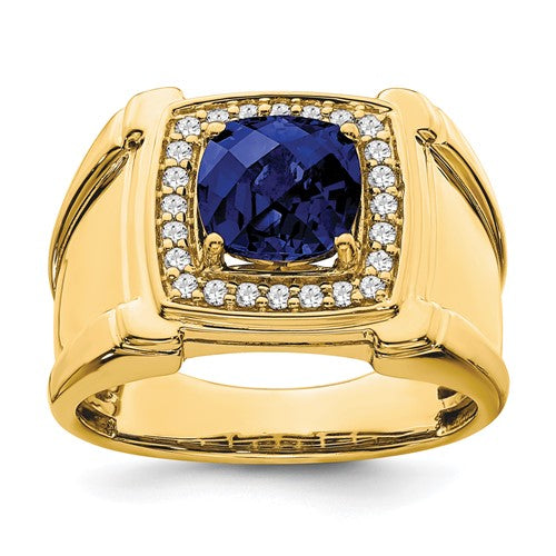 14k gold men's checkerboard sapphire and diamond ring, showcasing a stylish jewelry design with sparkling gemstones.