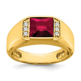14k gold men's ring featuring a square created ruby and diamond accents, crafted by Solomon Jewelers.