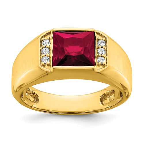 14k gold men's ring featuring a square created ruby and diamond accents, crafted by Solomon Jewelers.