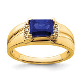 14k gold men's ring with emerald-cut created sapphire and diamond accents, elegant jewelry piece by Solomon Jewelers.