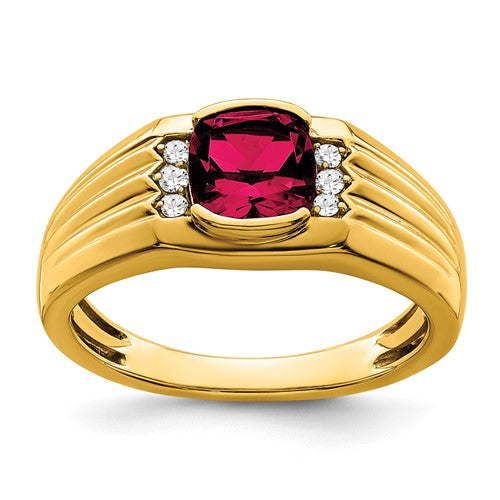 14k gold men's ring featuring a cushion-cut created ruby and diamond accents by Solomon Jewelers.