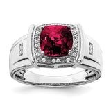 14k white gold men's ring featuring a cushion-cut created ruby and diamond accents, elegant jewelry by Solomon Jewelers