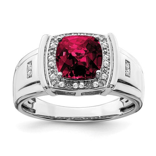 14k white gold men's ring featuring a cushion-cut created ruby and diamond accents, elegant jewelry by Solomon Jewelers