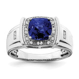 14k white gold men's cushion sapphire and diamond ring with intricate detailing and sparkling accents.