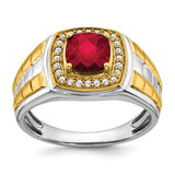 14k two-tone men's ring featuring created ruby and diamond accents, crafted by Solomon Jewelers.