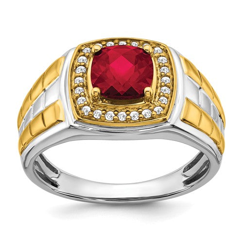 14k two-tone men's ring featuring created ruby and diamond accents, crafted by Solomon Jewelers.