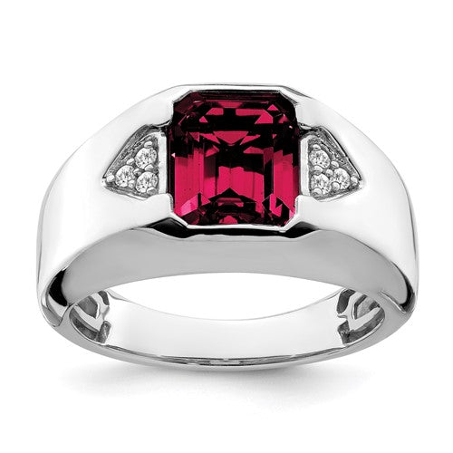 14k-white-gold-emerald-cut-created-ruby-and-diamond-mens-ring-SolomonJeweler-Wichita-KS-CustomJewelry