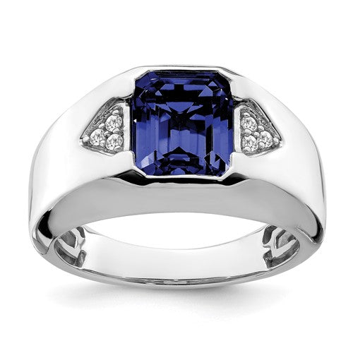 14k white gold men's ring with emerald-cut created sapphire and diamond accents, elegant jewelry from Solomon Jewelers
