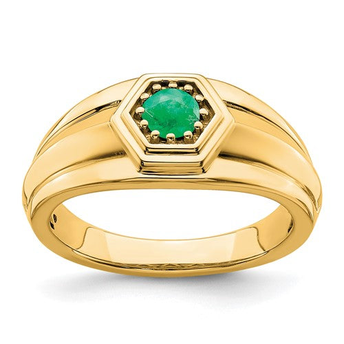 14k gold men's ring with a central emerald gemstone, featuring a sleek design from Solomon Jewelers.