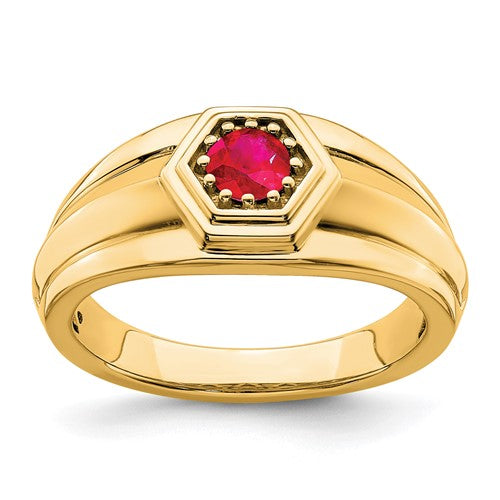 14k gold men's ruby ring featuring a vibrant ruby gemstone set in a sleek Solomon Jewelers jewelry ring.