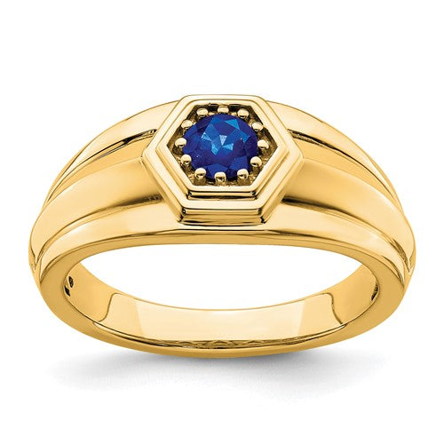 14k gold men's sapphire ring featuring a deep blue sapphire gemstone set in a sleek Solomon Jewelers jewelry ring.